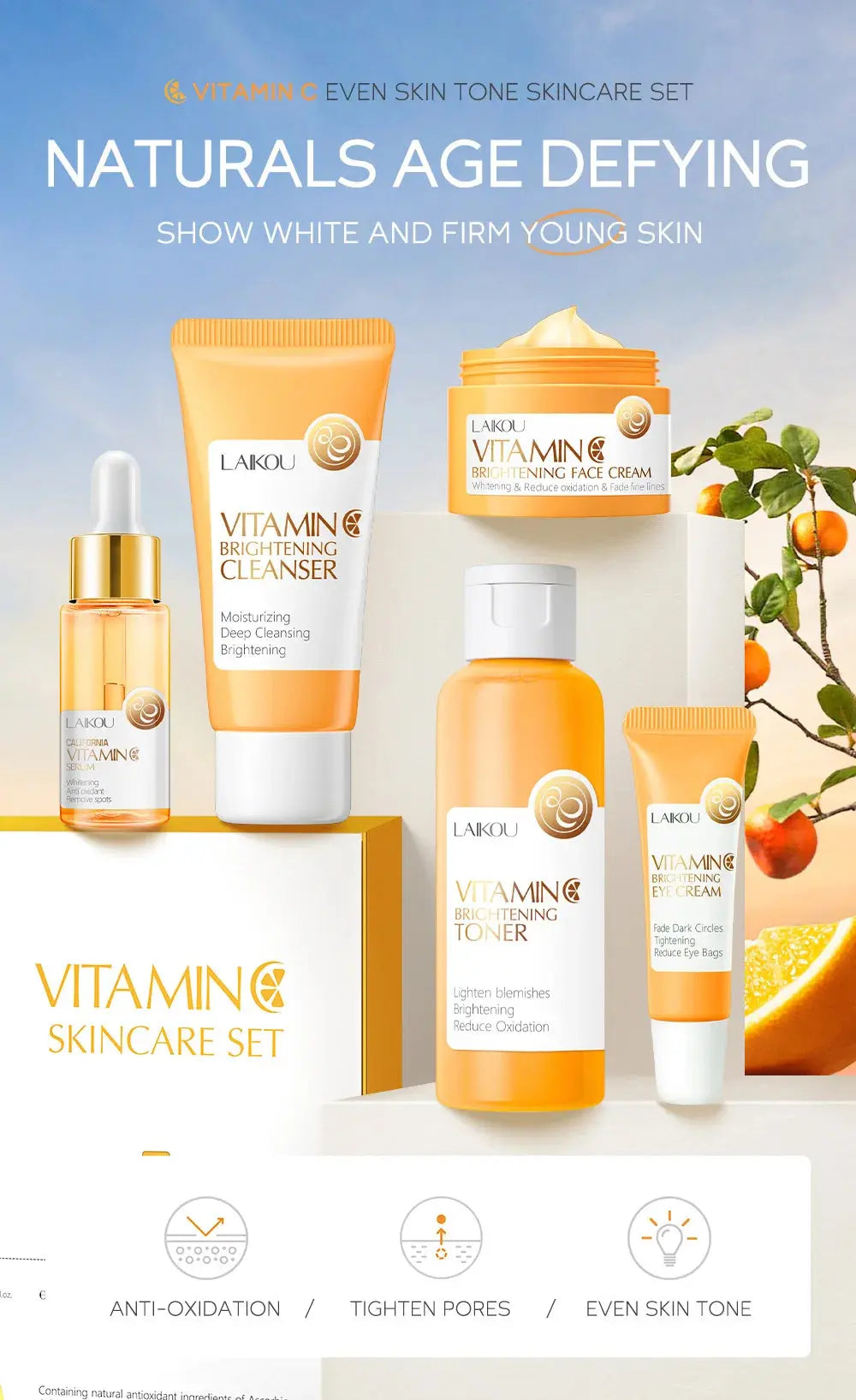 Lensemble de soins du visage à la vitamine C Laikou de Jay Cosmetic présente une collection de soins de la peau à la vitamine C sur un fond orange avec des tranches dorange. Il comprend un sérum, un nettoyant, un tonique, une crème et une crème pour les yeux dans un emballage orange vif et blanc pour une hydratation intense. La boîte présente des images orange avec les détails du produit.