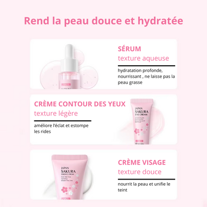 Lensemble de soins du visage Laikou Sakura de Jay Cosmetic est présenté sur une surface rose avec son Nettoyant Visage Sakura, son toner, sa crème, son sérum à la niacinamide et son baume à lèvres dans un emballage sur le thème des fleurs de cerisier. Une boîte ouverte révélant un motif floral se trouve au milieu de pétales de fleurs de cerisier dispersés.